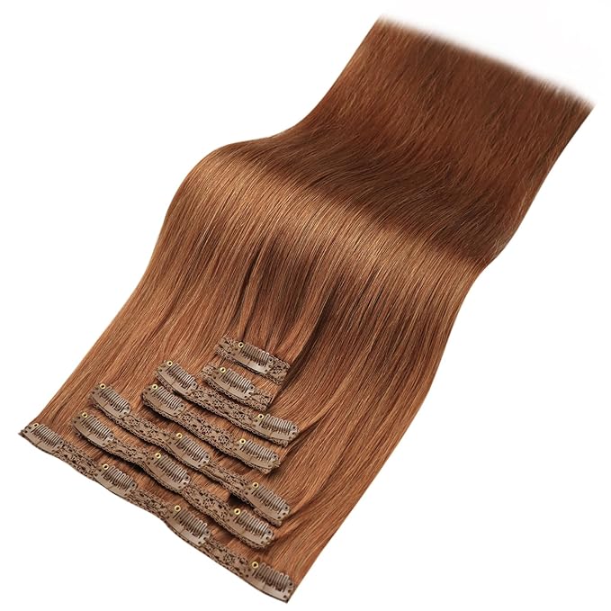YoungSee Clip in Human Hair Extensions Copper Clip ins Hair Extensions Human Hair Light Copper Clip in Hair Extension Real Human Hair Ease of Use 16Inch 120g 7pcs