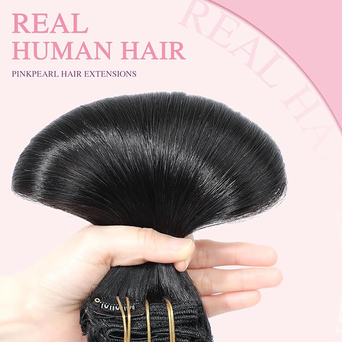 PINKPEARL Clip in Human Hair Extensions #1B Natural Black Clip in Hair Extensions Real Human Hair 14 inch Remy Hair 120g 7pcs Straight Natural Human Hair Clip ins(#1B-14)