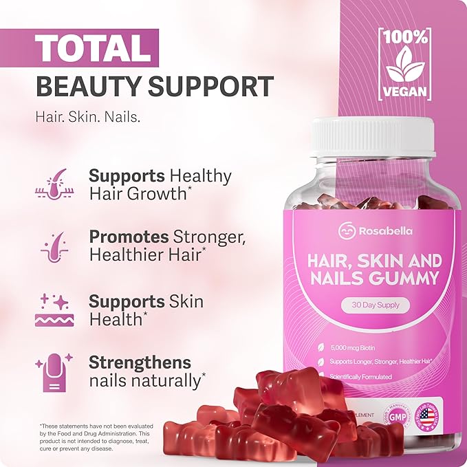 Rosabella® Hair Growth Vitamin Gummies [60 Gummies] Biotin for Faster Hair Growth Women & Men - Nail, Skin (5.000mcg Biotin) (60 Count (Pack of 3))
