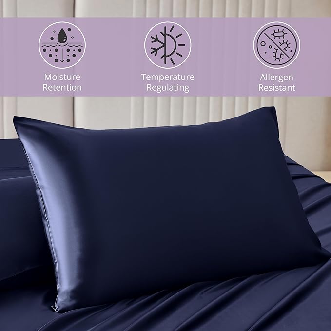 Mulberry Park 30 Momme 100% Pure Mulberry Silk Pillowcase - Luxury Charmeuse Weave for Hair and Skin, Cooling Silk Pillow Cover for Beauty Sleep - Queen Size 20"x30" / Navy