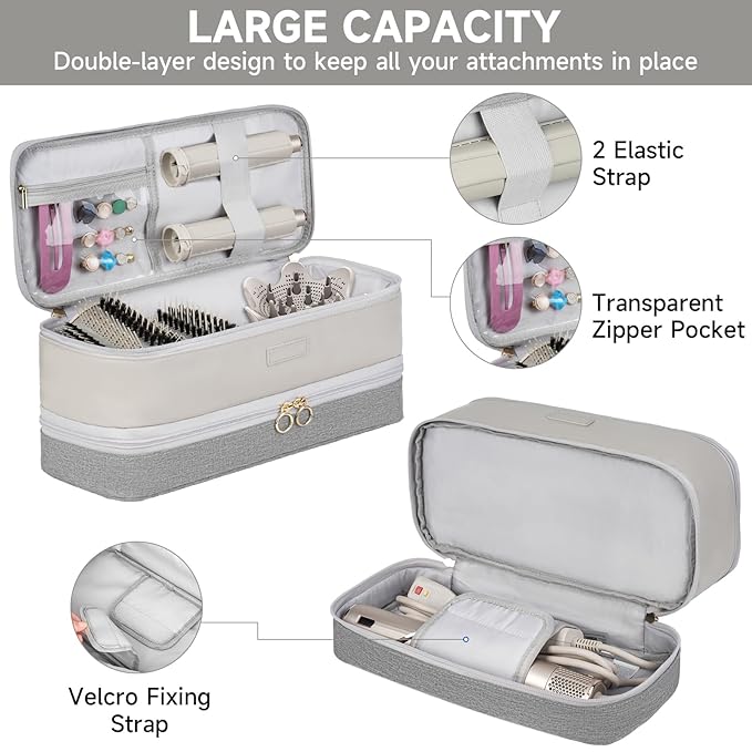 Travel Carrying Case Compatible with Shark Flexstyle/FlexFusion/Hair Dryer,Double-Layer Hair Hot Tools Storage Bag Fits for Dyson Airwrap Styler/Supersonic Hair Dryer and Attachments,Grey-Bag Only