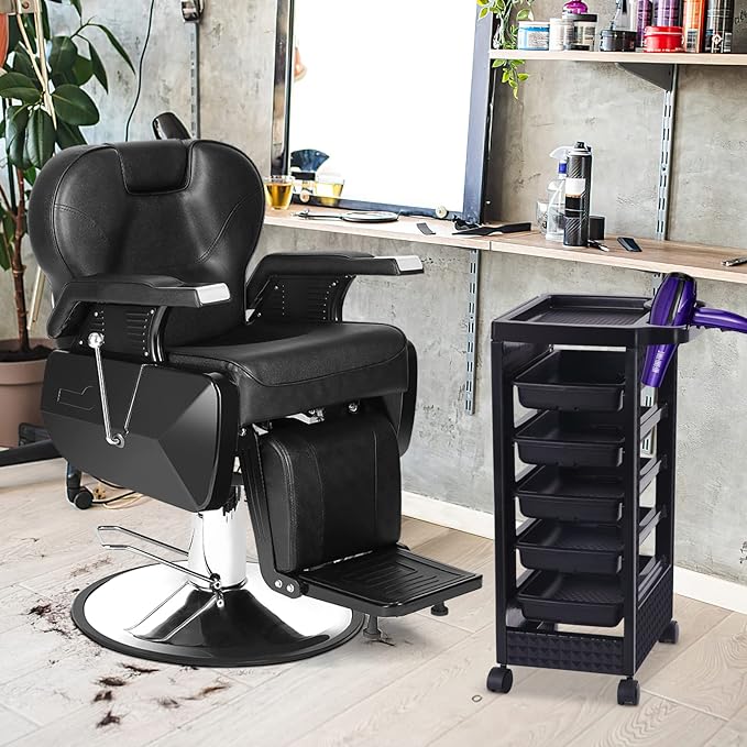 Paddie Black Salon Trolley Cart with Wheels/5 Drawers/Dryer Holder/Tint Bowl Slot for Hair Stylist, Beauty Equipment