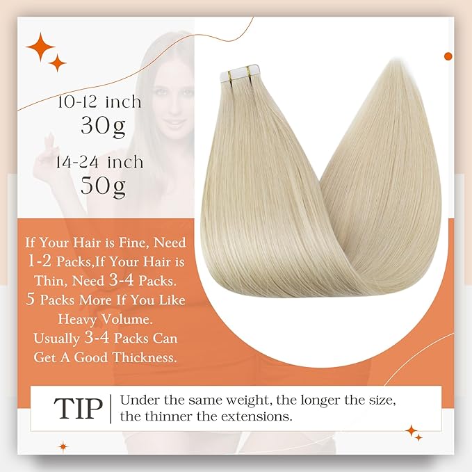 Full Shine Tape in Hair Extensions 12Inch Double Sided Hair Extensions Tape in Color 613 Bleach Blonde Skin Weft Tape in Extensions Real Human Hair Extensions 30 Gram Seamless Tape Extensions