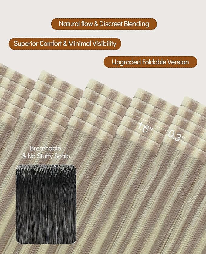 VINBAO 60g Invisi Edge Tape in Hair Extensions Real Human Hair Ash Blonde Highlighted Platinum Blonde 20pcs Injected Tape in Extensions Pro Quality 22inch #18P60