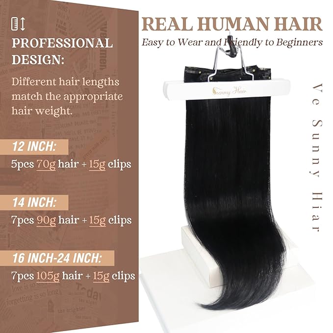 Ve Sunny Black Clip in Human Hair Extensions Remy Human Hair Clip in Extensions 14inch Clip in Hair Extensions Real Human Hair Easy to Wear 100g