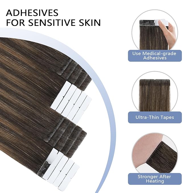 COOKAYU Invisible Tape in Hair Extensions, Balayage Dark Brown to Dirty Blonde 14Inch 20pcs 30g/pack Straight Real Human Hair Invisible Injected Tape in Extensions