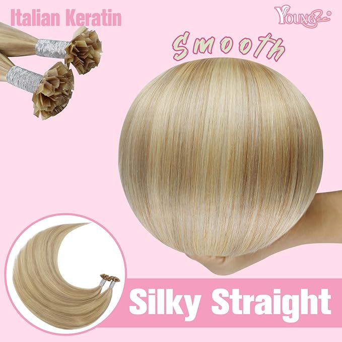 YoungSee K Tip Hair Extensions Human Hair Blonde Highlight Ktip Human Hair Extensions Golden Blonde Highlight 18inch 50s/50g