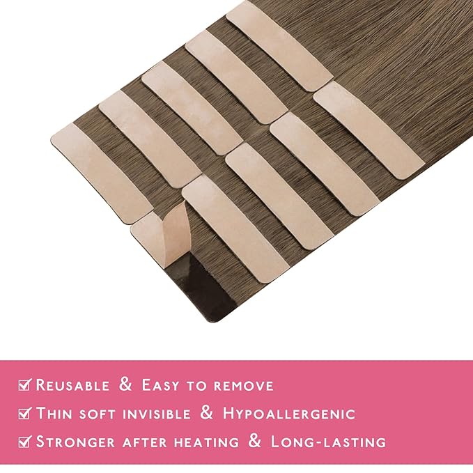 WENNALIFE Tape in Hair Extensions Human Hair Light Ash Brown Tape in Extensions, 10pcs 25g 14 inch Remy Invisible Tape Ins Straight Colored Soft Real Human Hair Tape in Extensions Refill Set
