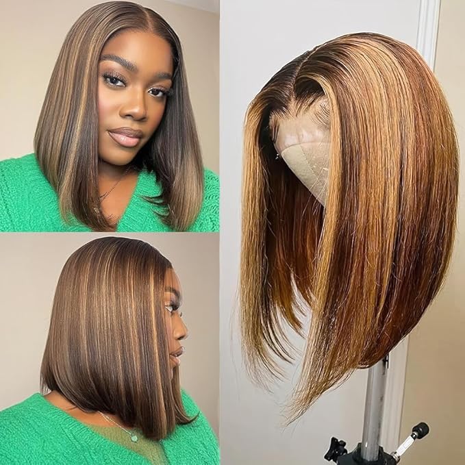 4/27 Ombre Highlight Bob Wig Human Hair 8 inch straight 427 bob wig 13x4 Highlight HD Lace Frontal Bob Wig Human Hair 180% Density Pre Plucked Ombre Short Bob Wigs for Black Women