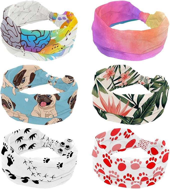 6 Pcs Stretchy Headbands for Women, Absorbed Sport Headband Soft Twist Knotted Headbands for Daily Life Yoga Workout, Dogs Collection Multi Animal