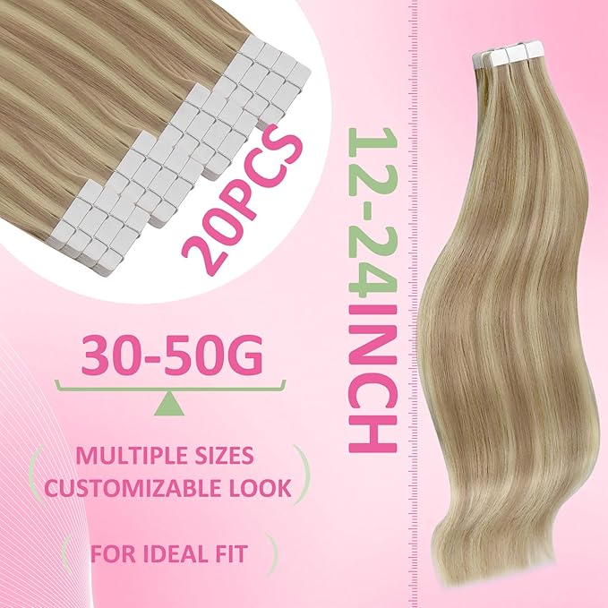 YoungSee Invisible Tape in Hair Extensions Blonde Highlight Hair Extension Tape ins Golden Blonde Highlight Real Hair Tapes on Hair Extensions Human Hair SIlky Straight 18 Inch 20pcs 50g
