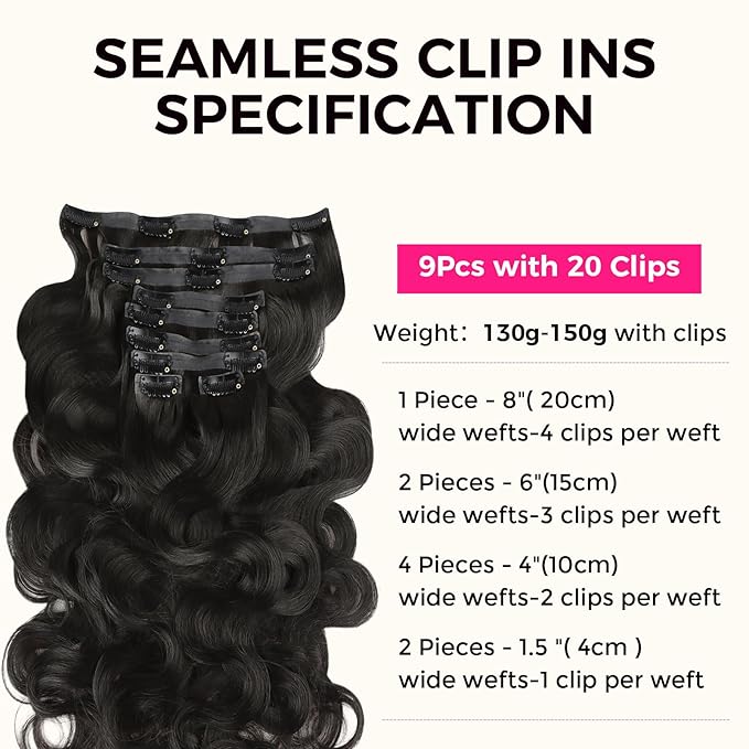 Lashey Hair Extensions Seamless Clip in Human Hair, Body Wave 150g 9pcs Natural Black 20 Inch 100% Real Human Hair Clip in Hair Extensions with Soft PU Skin Weft for Women