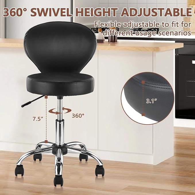 Set of 4 PVC Faux Leather Rolling Swivel Salon Stool Chair with Wheel Back Lumbar Support Seat Height 22 in Diameter 15 Inch Adjustable Hydraulic Chair for Office Massage Facial Spa 4 Pack
