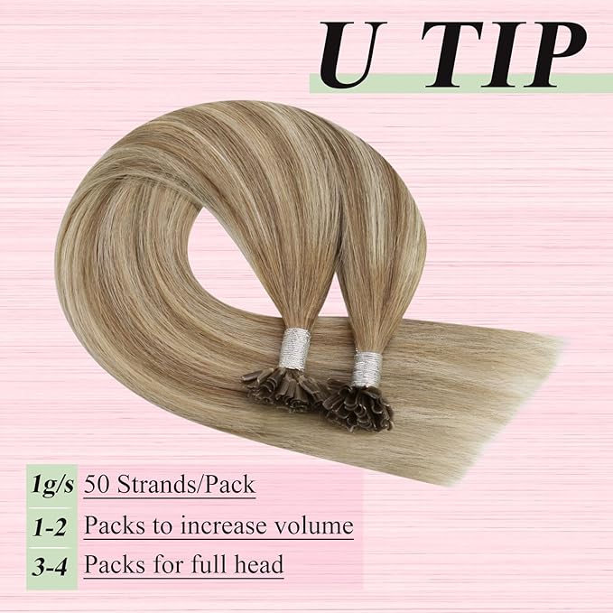 YoungSee U Tip Hair Extensions Real Human Hair Ombre Light Brown Balayage Blonde Hair Extensions U Tip for Women Ktips Remy Hair Extension Balayage Hair Extension U Tip Long Straight 24In 1G/S 50G