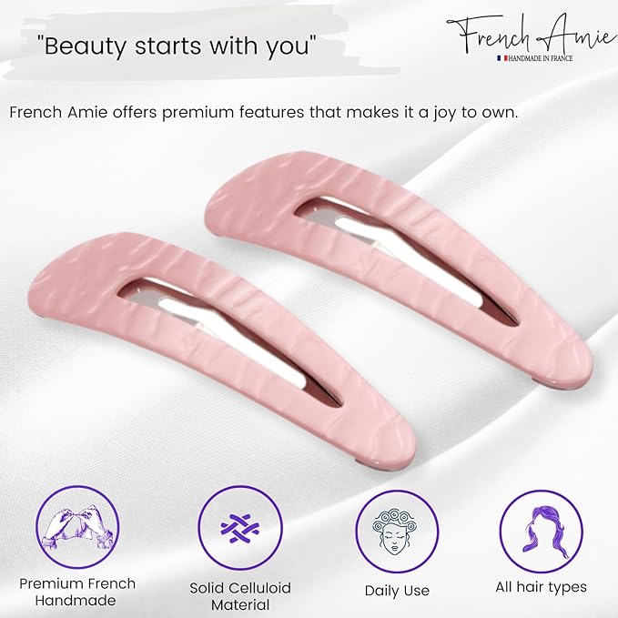 French Amie Clic Clac Large Handmade Celluloid Acetate Set of 2 Snap Hair Clips No Slip Side Slide-in Barrette for Women and Girls (Pearl Pink)