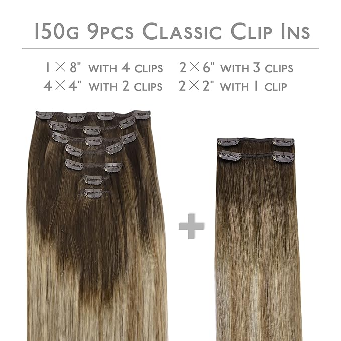 WENNALIFE Hair Extensions Clip In, 9pcs 24inch 150g Ombre Walnut Brown to Ash Brown and Bleach Blonde Real Human Remy Clip In Hair Extensions