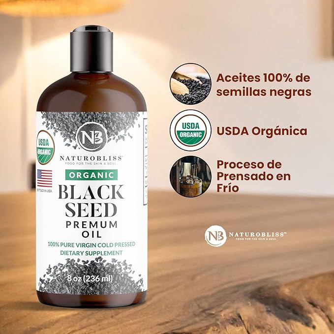 NaturoBliss Organic Black Seed Oil 100 Virgin Cold Pressed Omega 3 6 9 Super Antioxidant for Immune Support, Joints, Mobility, Digestion, Hair Skin Vegan, Gluten-Free, Non-GMO USDA Certified 8oz