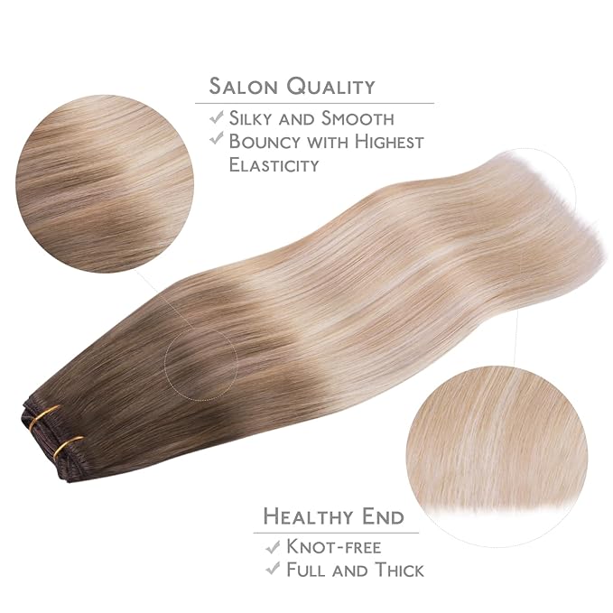 WENNALIFE Clip in Hair Extensions Real Human Hair, 14 Inch 120g 7pcs Balayage Sandy Brown to Platinum Blonde Remy Hair Natural Double Weft