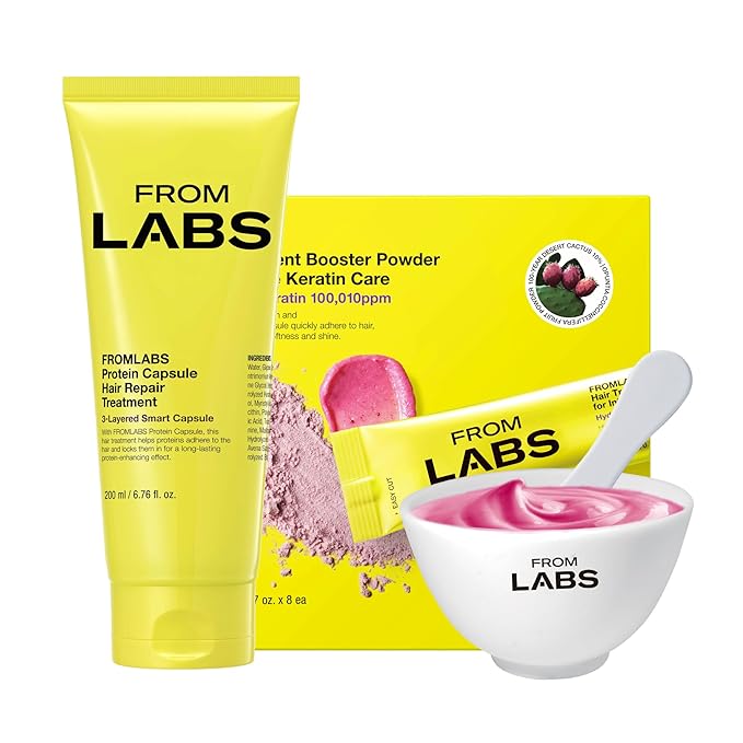 FROMLABS Hair Repair Duo – Protein Capsule Hair Repair Treatment (6.76 fl oz) + Intensive Keratin Booster Powder (8 Pack) | 3‑Minute At‑Home Keratin Mask, Deep Repair for Damaged, Color‑Treated Hair