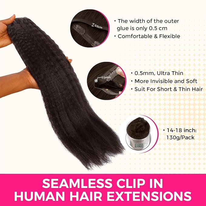 Lashey Seamless Clip in Hair Extensions Human Hair 130g 9pcs #2 Dark Brown 16 Inch Kinky Straight Clip in Hair Extensions Real Human Hair with Flat PU Invisi Edge Full Pack