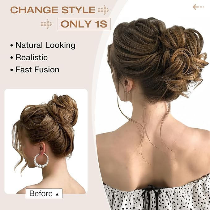 Messy Bun Hair Piece Wavy Curly Scrunchies Fluffy Donut Thick Updo Elegant Chignon Hairpieces for Women Girls, Blonde Mix Light Brown 1.4oz