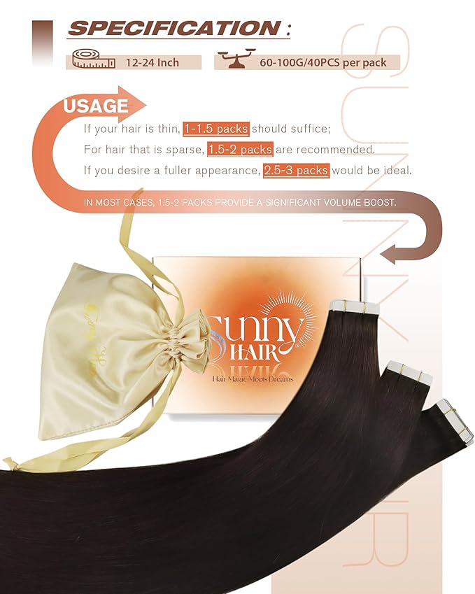 Sunny Hair Tape in Hair Extensions Human Hair 20inch Hair Extensions Real Human Hair Tape in Extensions for Women Darkest Brown Invisible Natural Straight Skin Weft Double Sided Tape 40pcs 100g
