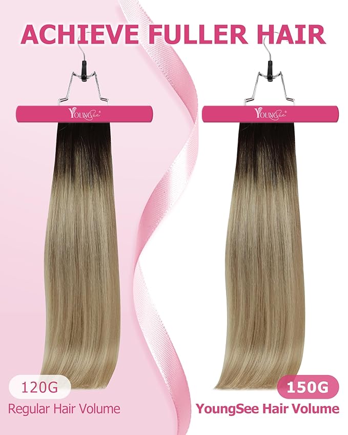 YoungSee 135G Clip in Hair Extensions Human Hair Ombre Blonde Clip on Hair Extensions Ombre Medium Brown to Golden Blonde with Platinum Blonde Human Hair Clip in Extensions 16Inch 7Pcs