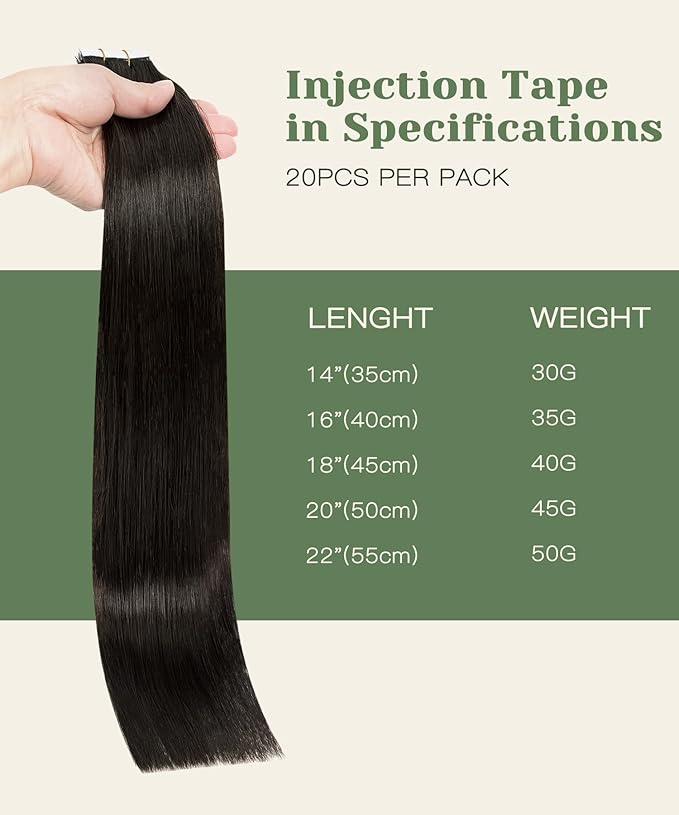 SURNEL Injection Tape in Hair Extensions Human Hair Darkest Brown Invisible Tape in Extensions 16inch 20 Pcs 35g(#2,16)