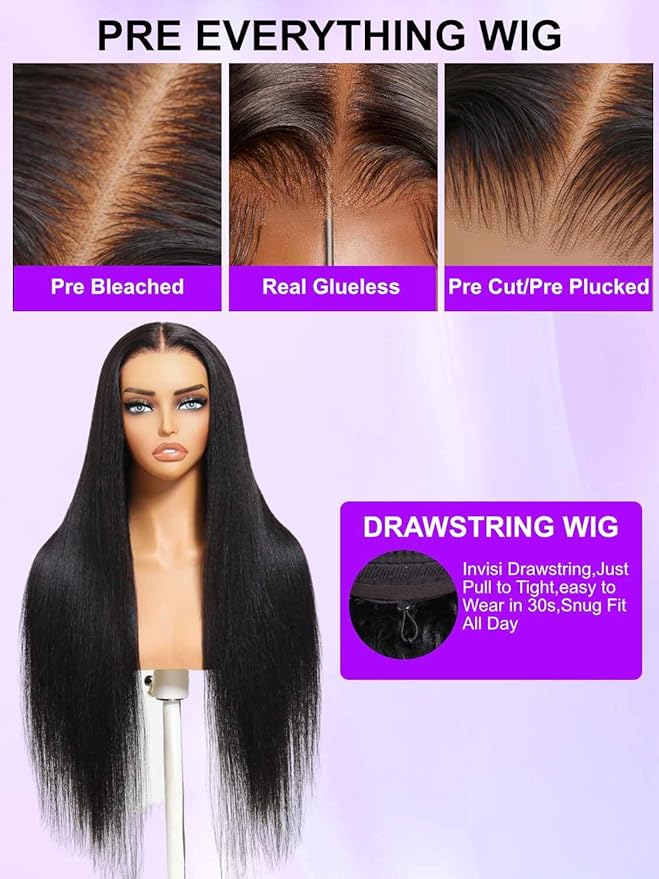 YIROO No Slip 7x5 Bye Bye Knots Yaki Straight Lace Front Glueless Drawstring Wig Human Hair with Deep Stretch Cap Fits All Head Sizes,Pre-Plucked Pre-Cut Wear and Go Wig for Women 150% Density 26Inch
