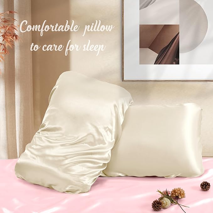 Manyshofu Satin Pillowcases for Hair Protection - 2Pcs Beige Pillow Cases, Elastic Band Standard & Queen Satin Pillowcases Luxury Silky Pillow Cases Travel Pillow Covers