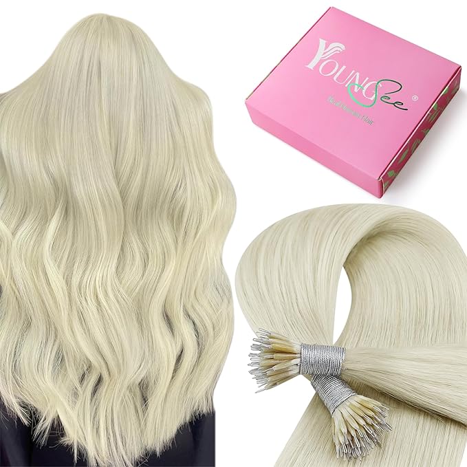 YoungSee Nano Bead Hair Extensions Human Hair Blonde Platinum 20 Inch Nano Ring Hair Extensions White Blonde Remy Hair Nano-Tip Extension Real Human Hair Long for Natural Look 50G