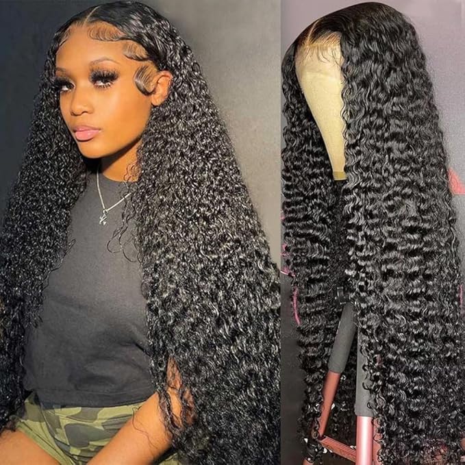 24 Inch Deep Wave Lace Front Wigs Human Hair 13x6 HD Transparent Deep Wave Lace Front Wigs for Women 250% Density Curly Human Hair Wigs Pre Plucked Natural Color