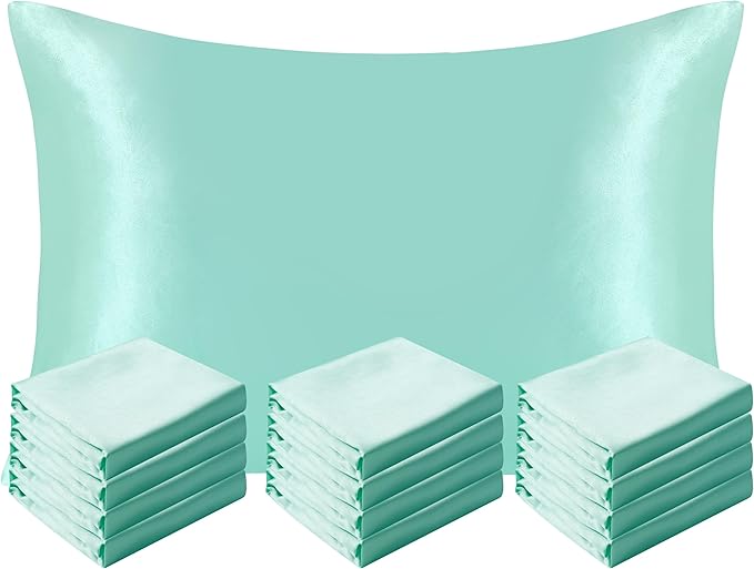 NTBAY 12 Pack Satin Standard Pillowcases for Hair and Skin, Luxurious and Silky Pillow Cases with Envelope Closure, 20 x 26 Inches, Light Blue