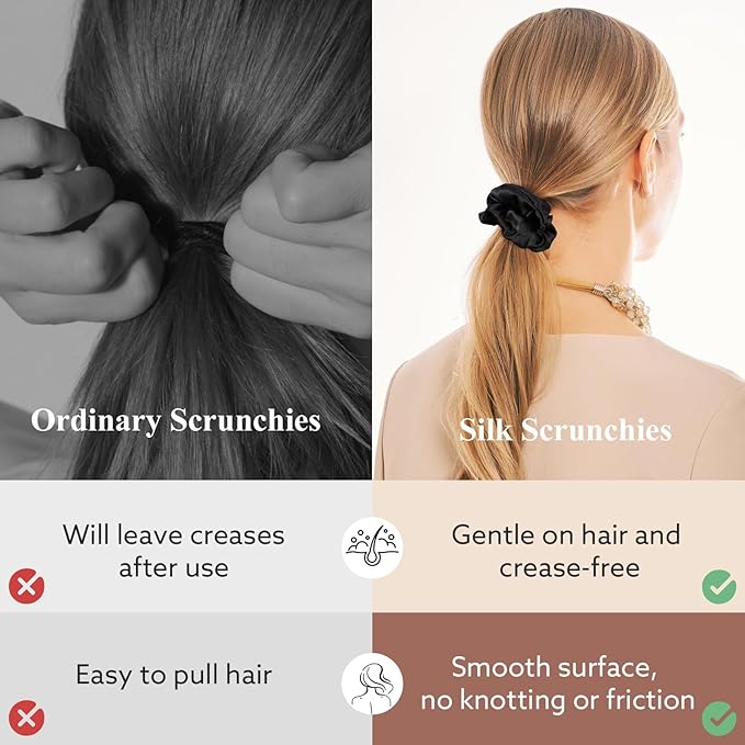 4 Pack 100% Mulberry Silk Scrunchies, Soft Silk Hair Ties for Hair No Damage Scrunchies for Women Girls