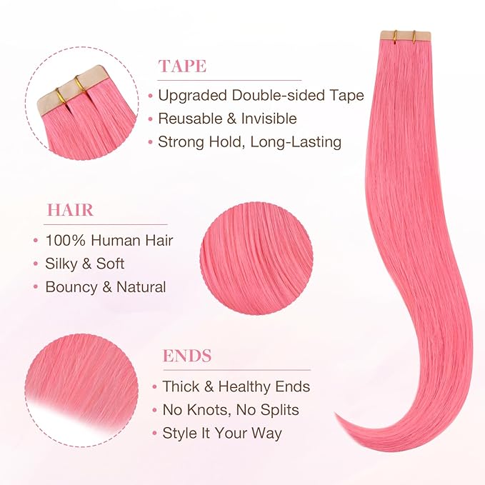 GOO GOO Tape in Hair Extensions Human Hair, Light Pink, 10inch 20g 10pcs, Colored Tape ins Human Hair Extensions, Silky&Soft Invisible Tape Ins, Hair Highlighted for Party
