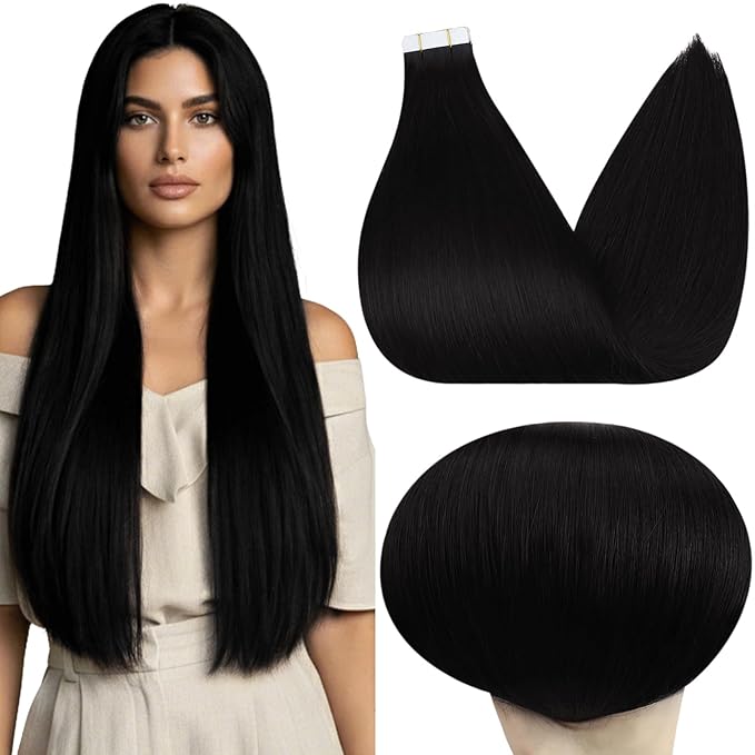 Full Shine Black Tape in Extensions Real Human Hair Color 1 Jet Black 26Inch Invisible Tape in Hair Extensions 100G 40PCS Soft Remy Seamless Add Length for Women