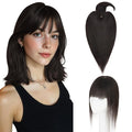 Hairro Mono Hair Toppers with Bangs, 3.4" x 3.4" Mono Base 100% Real Human Hairpieces for Women, 150% Density Clips In Topper for Greyish Thinning Hair, 16 Inch Natural Black