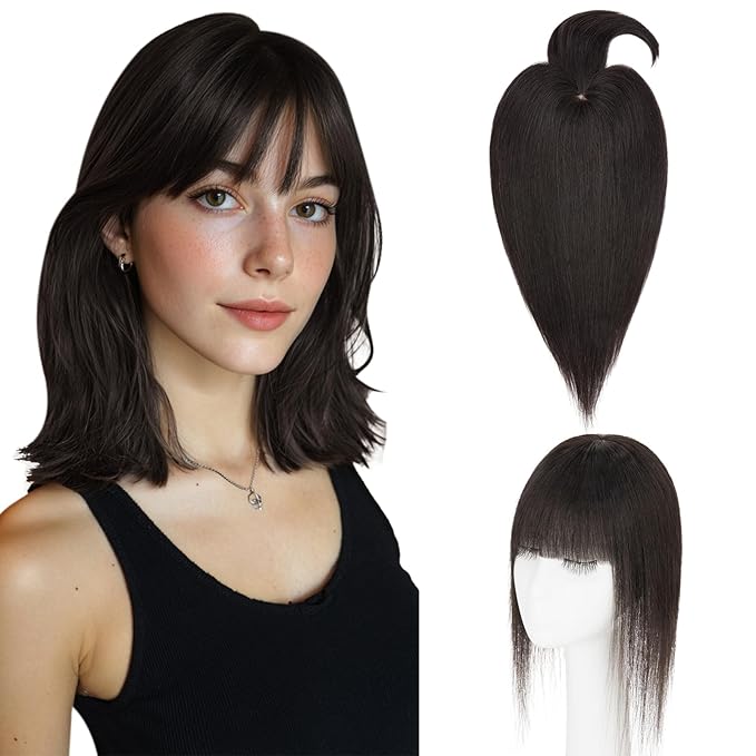 Hairro Mono Hair Toppers with Bangs, 3.4" x 3.4" Mono Base 100% Real Human Hairpieces for Women, 150% Density Clips In Topper for Greyish Thinning Hair, 16 Inch Natural Black