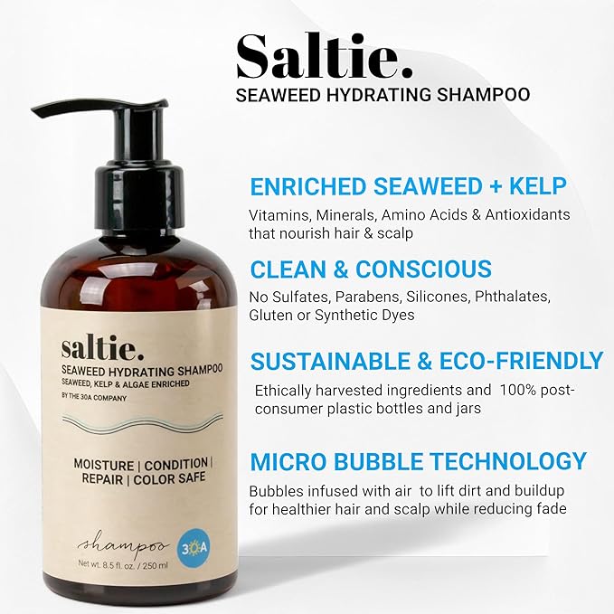 Saltie Hydrating Shampoo - Deep Moisture - Repairs and Bonds Dry Damage - Adds Shine - Reduces Frizz -No Sulfates, Parabens, Gluten, and Phthalates - No Artificial Color - Peppermint Leaf Oil