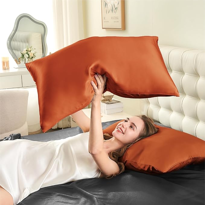 INFIIXSO Mulberry Silk Pillowcase for Hair and Skin, Silk Pillow Cases Queen Size Set of 2 with Hidden Zipper 20x30 Inches, Ultra Smooth and Soft Cooling Pillow Cases for Hot Sleepers(Orange, 2 Pack)