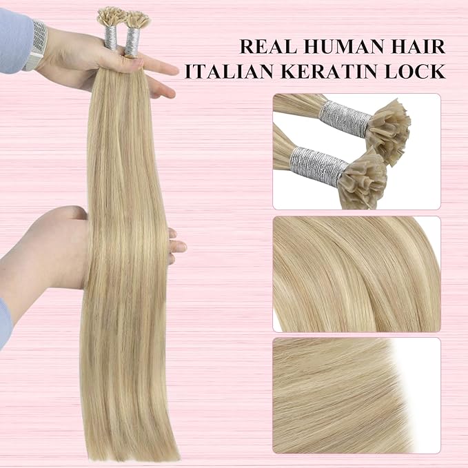 YoungSee U Tip Hair Extensions Human Hair Blonde Highlight Utip Hair Extensions Human Hair Ash Blonde with Platinum Blond Highlight Keratin Hair Extension Remy Hair Ktip Extension 22In 1G/S 50G