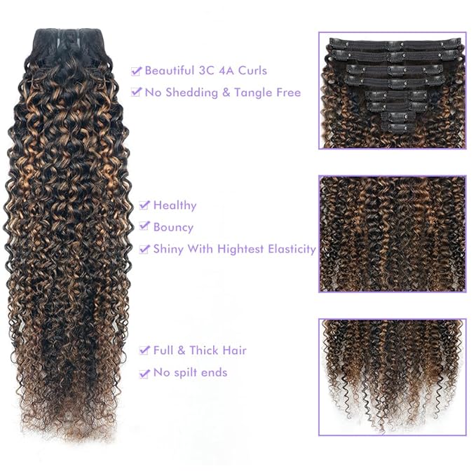 FB30 Highlight Ombre Curly Clip In Extension Human Hair 3C 4A Kinky Curly Clip Ins Full Head for Black Women Brazilian Remy Human Hair Balayage Brown 8Pcs with18clips 120g/Set (16 inch)
