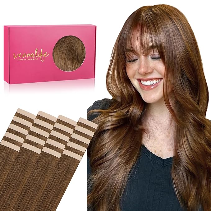WENNALIFE Tape in Hair Extensions Human Hair, 20pcs 50g 22 inch Light Auburn Brown Remy Hair Extensions Straight Human Hair Tape in Extensions Skin Weft Tape Extensions Human Hair