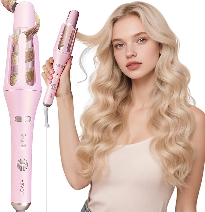 Automatic Curling Iron, HC04 Long Barrel 1.5 inch Rotating Curling Iron Wand for Womens Long Hair, Ceramic Hair Curlers with 2-Way Opening, Dual Voltage, 600M Ions for Bouncy Waves