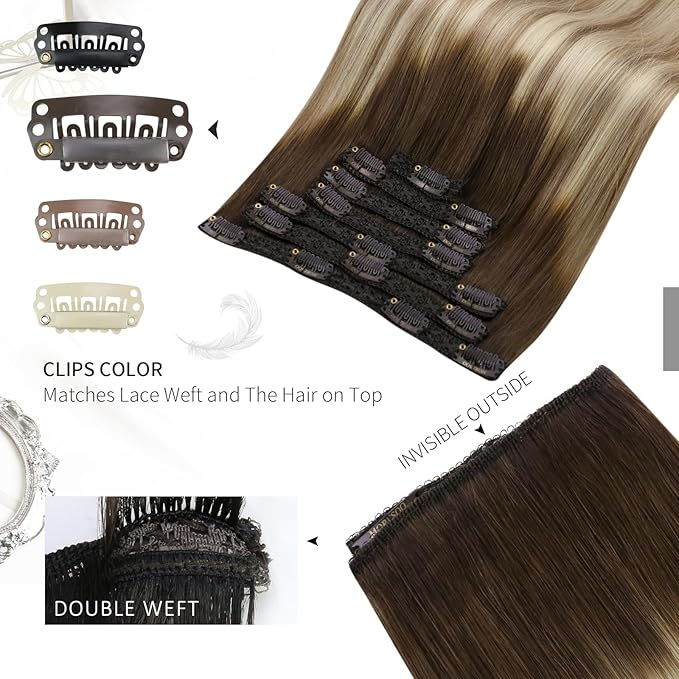 Moresoo Balayage Clip in Hair Extensions Real Human Hair Brown to Light Brown with Golden Blonde Double Weft Clip in Human Hair Extensions 7Pieces 120Grams 24inch