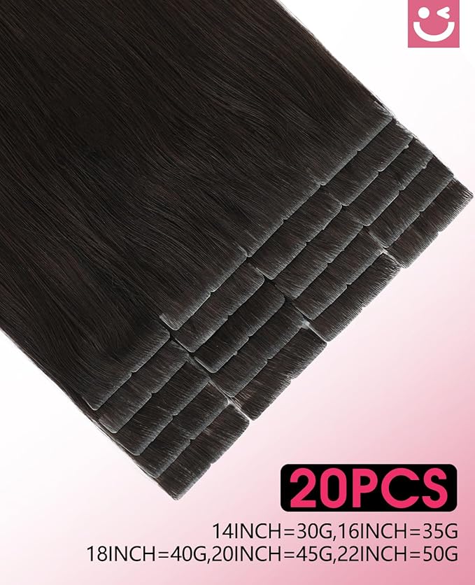 Youngsmile Injection Tape in Hair Extensions Human Hair, #2 Dark Brown Invisi Edge Tape ins, 20pcs 30g, 14 Inch Injected Tape in Extensions Straight Human Hair Remy Seamless Tape ins (#2,14'')