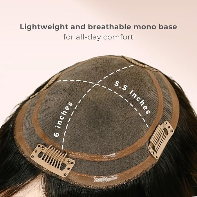 Katalaeya Hair 100% Human Hair Topper - Aurora Crown Double-Drawn Remy Clip-In Mono Base Top Piece for Women with Thinning Hair, Alopecia & Chemo Hair Loss (NC)