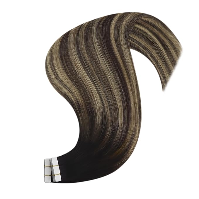 YoungSee Tape in Hair Extensions Real Human Hair Balayage Tape in Hair Extensions Black Ombre Brown with Blonde Tape in Extension Remy Hair Short 12In 20pcs 30g for Adding Volume
