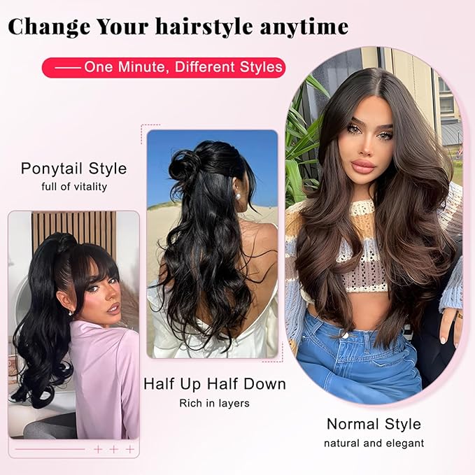 ALXNAN Long Wavy Hair Extensions for Women, Clip in Hair Extensions Clip Ins Soft Full Head Synthetic Hairpieces 20 Inch Grey/Sliver