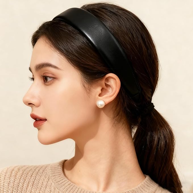 2-Piece Black & White Leather Headbands - Non-Slip Wide Padded Hair Accessories for Women, Cute Fashion DIY Hair Hoops